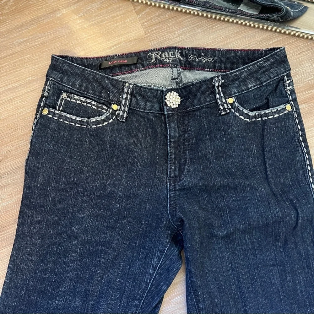 Rock 47 by Wrangler Dark Wash Low Rise Jeans Size 7/34 Rhinestone Detail